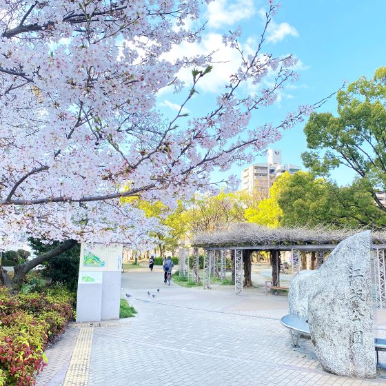 桜舞う春の江坂公園